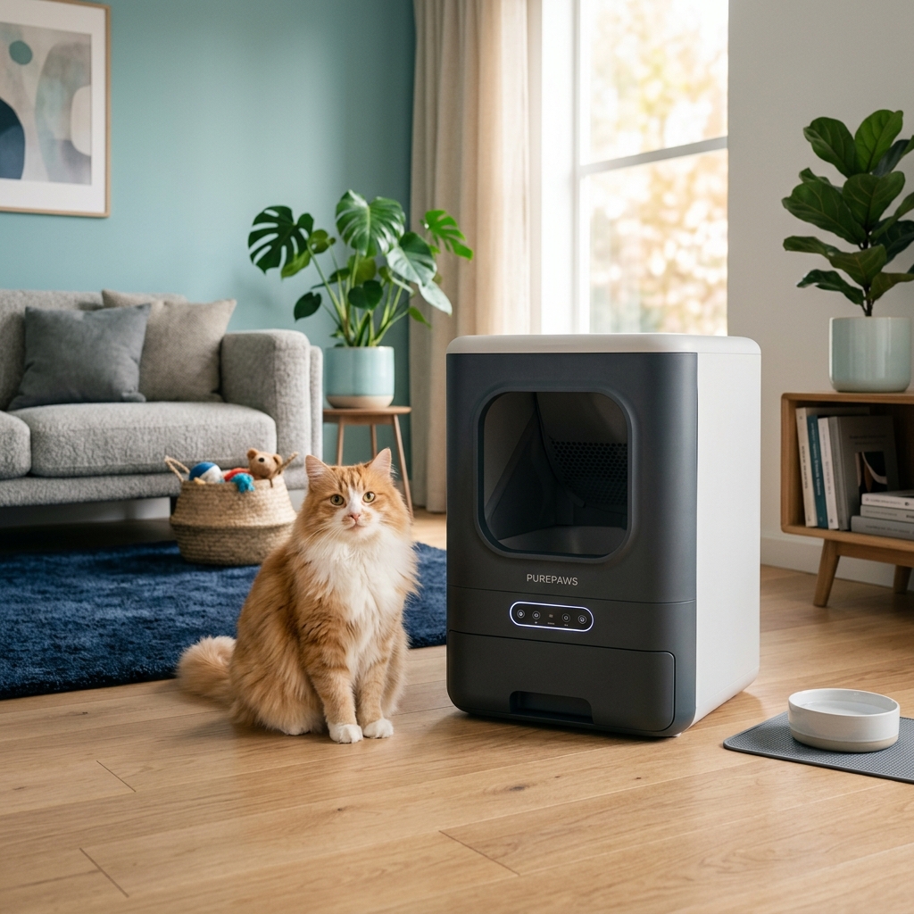 Happy cat next to a clean litter box in a modern home