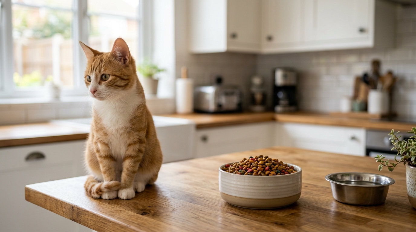 A cat sitting near food bowl during a pet sitter drop-in visit