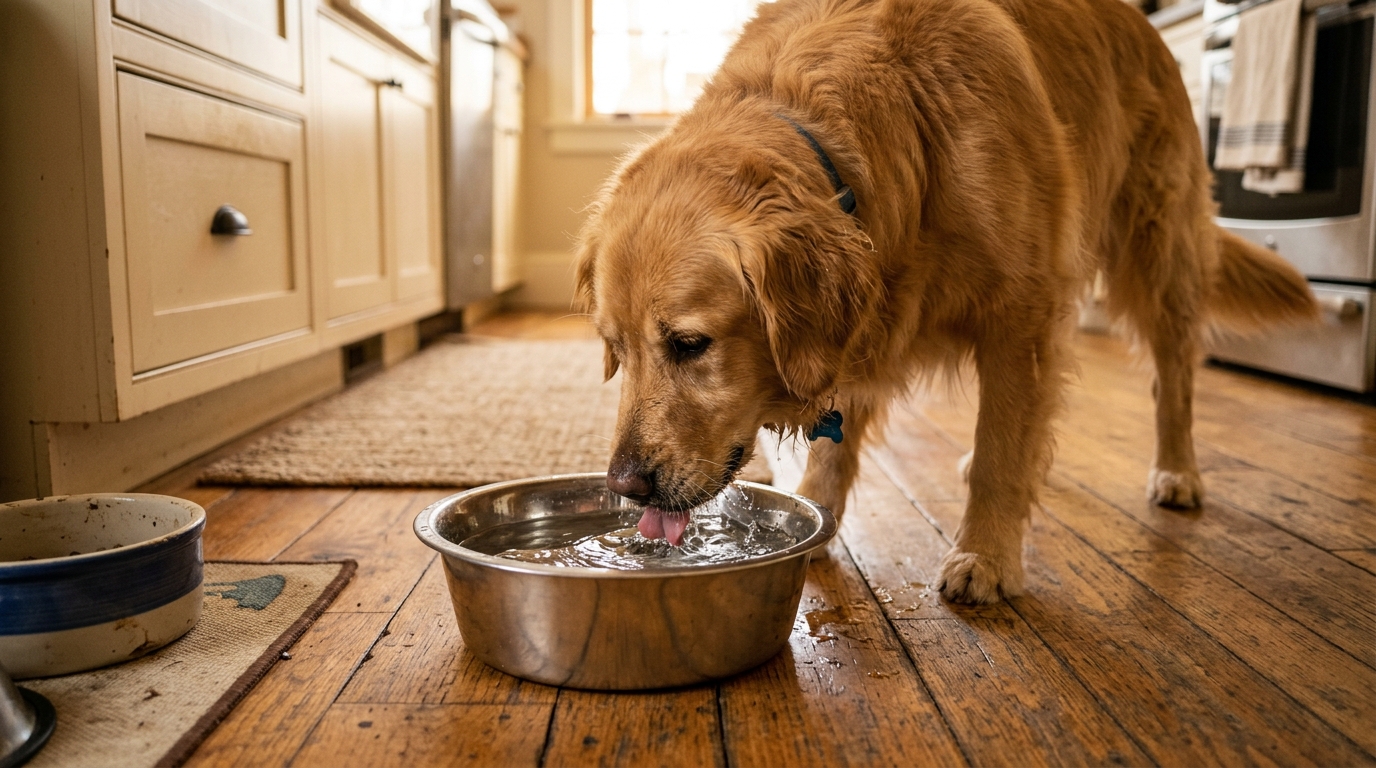 A dog resting comfortably indoors while receiving care from a pet sitter