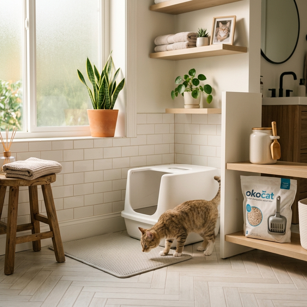 Cat near a clean, organized litter box setup